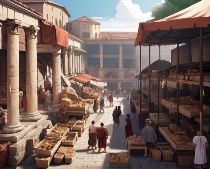 Prompt: Ancient Roman market with traders , customers and rpman architecture
anime style

