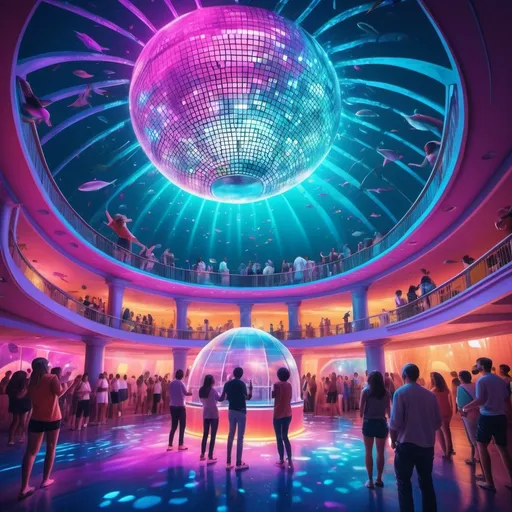 Prompt: A dome under the ocean, people inside, vibrant lighting, people are happy, music is playing. add a disco ball and more vibrant lights

