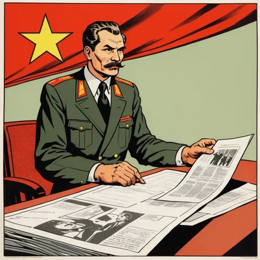 Prompt: Silk screen comic book illustration, male bureaucrat, Soviet Union era, titled "do you have a permit for that freedom?", communist 