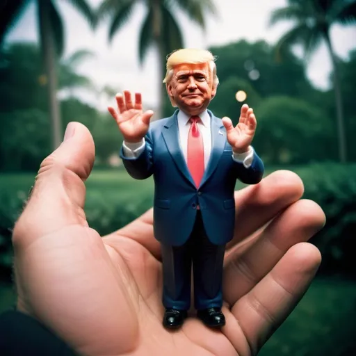 Prompt: Holga photography, Donald Trump  holding mini Joe Biden in the palm of his hand, low-fidelity dreamy aesthetic, flare, low quality, analog photography