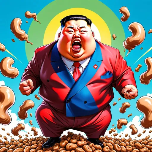 Prompt: Anime depiction of Kim Jong Un, humorous concept, exaggerated proportions, comical expression, vibrant colors, cartoon style, exaggerated features, buzz lightyear costume, eating poop, anime, vibrant colors, exaggerated features, cartoon style, humorous, exaggerated proportions, comical expression