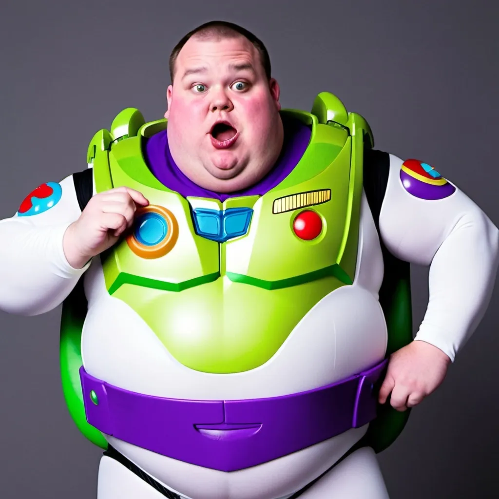 Prompt: Fat guys eats phone while dressed as buzz lightyear