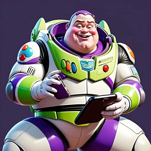 Prompt: Anime-style illustration of a chubby man dressed as Buzz Lightyear, devouring a smartphone, vibrant and comical, high-quality, cartoonish, bright and colorful, exaggerated features, oversized costume, hungry expression, exaggerated eating motion, detailed costume design, humorous 