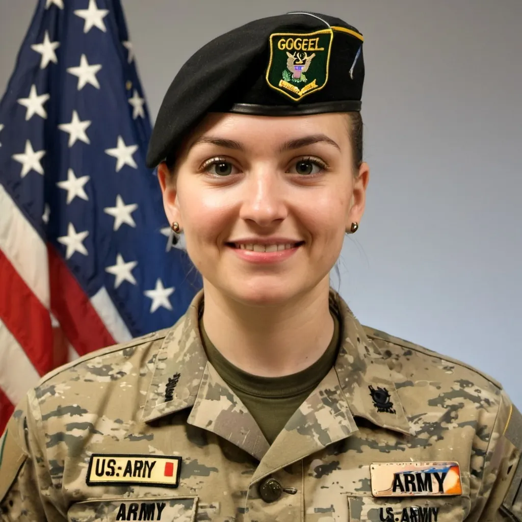 Prompt: Army specialist named Goeggel in operational us army uniform and name badge 