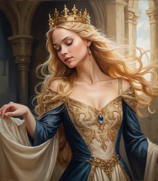 Prompt: Medieval princess in fantasy, oil painting, ornate gown and crown, flowing golden hair, regal and elegant posture, soft and dreamy ambiance, high quality, fantasy, medieval, oil painting, regal, ornate, flowing hair, dreamy, princess, elegant, fantasy