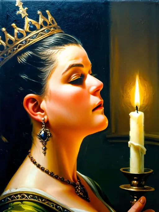 Prompt: Medieval princess illuminating candle in the grand castle, warm candlelight, oil painting, regal attire with intricate embroidery, ornate crown, majestic architecture, detailed textures, high quality, oil painting, medieval, warm tones, regal, candlelight, ornate details, grand architecture