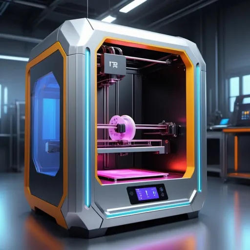 Prompt: High-tech 3D printers in action, futuristic industrial setting, sleek metallic design with futuristic elements, vibrant and dynamic, professional demonstration, ultra-detailed, futuristic, industrial, vibrant colors, dynamic lighting