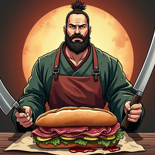 Prompt: 🔹 Titre du projet : Le Boucher Samouraï – Pastrami Edition
🔹 Description complète :
Un boucher samouraï façon manga se tient fièrement, en posture de guerrier.
Il tient un hachoir dans la main droite et un sabre dans la main gauche. 

En bas de l’image, trône un sandwich au pastrami à l’ancienne, bien mis en valeur, comme une offrande ou un trésor :

Pain baguette française, bien dorée, croustillante, cuite à l’ancienne, avec une croûte généreuse.

Tranches de pastrami bien visibles, rosées, gourmand.

Rondelles de cornichons apparentes (un peu sorties du pain, bien visibles).

Sauce Samouraï visible, légèrement dégoulinante, style pub gourmande.

Optionnel : un léger halo stylisé autour du sandwich, façon “aura de puissance” dans les animés.

🔹 Texte à intégrer en français(en bas ou en haut de l’image, en typographie manga/impact) :
"NOUVEAU : Venez goûter notre sandwich au Pastrami sauce Samouraï, si vous osez…"

🔹 Ambiance et style :
Manga ou anime stylisé

Ton semi-humoristique, mais esthétique et épique

Contrastes marqués, lumière dramatique sur le visage du samouraï et le sandwich

Décor neutre ou légèrement inspiré de l’univers culinaire japonais ou traditionnel