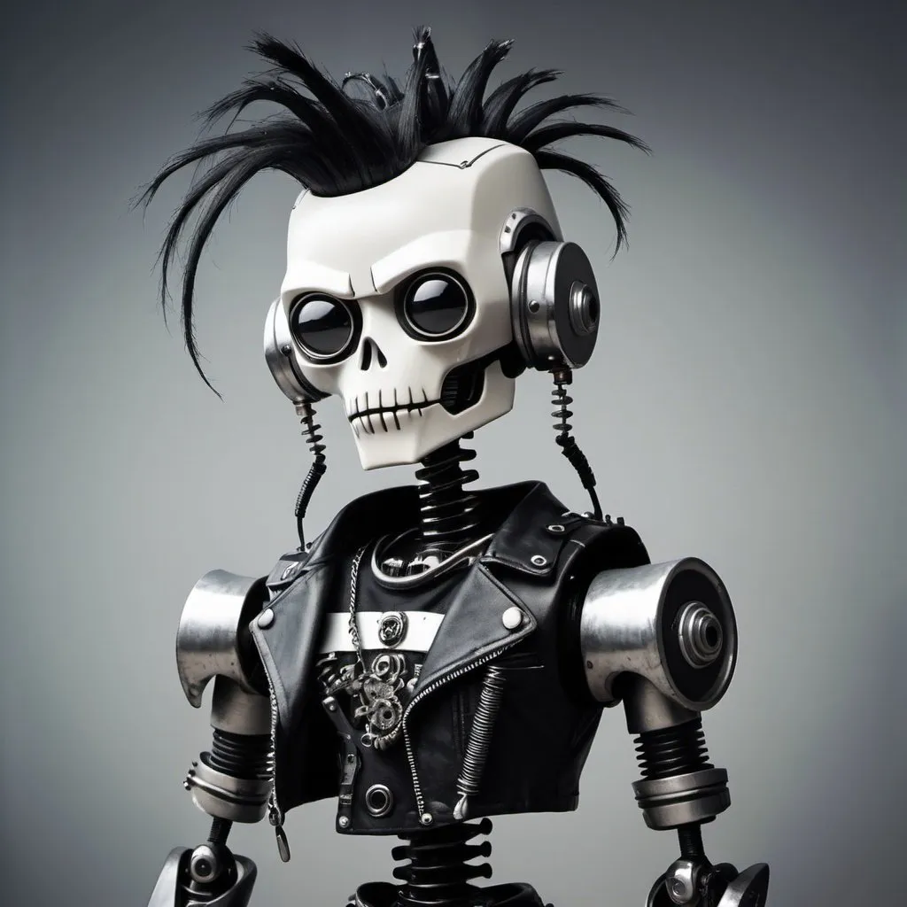 Prompt: a robot metalhead punk whit punk hair and dark accesories