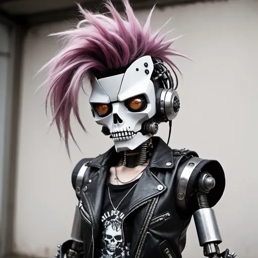 Prompt: a robot metalhead punk whit punk hair and dark accesories