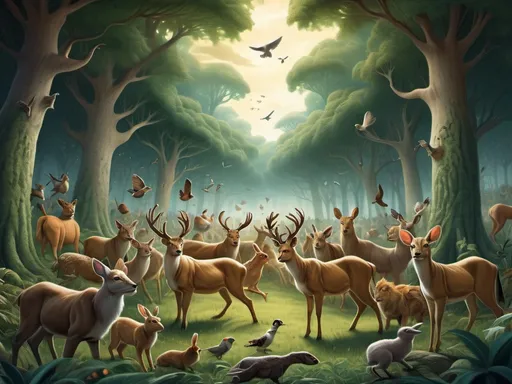 Prompt: : Imagine a dense, green forest filled with a variety of animals—deer, rabbits, birds, and more—all gathered together in a large, open clearing. Their faces are filled with worry and fear as they discuss a problem. In the background, a fierce lion prowls through the trees, his presence looming over the animals. The sky is bright, but the atmosphere feels tense as the animals anxiously try to find a solution to their problem.