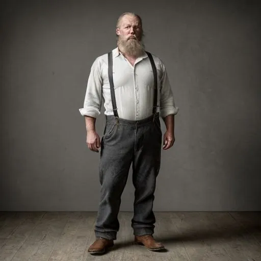 Prompt: full body shot of white man, 50, looks older, grey hair, balding, full beard, angry eyes, contemptous expression, strong build, imposing, muscular like a farmer, 1860s attire, threadbare, white shirt partially unbuttoned with sleeves rolled up, black suspenders and trousers, worn boots, vintage, grainy, impressionistic, dreamlike