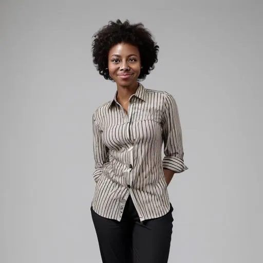 Prompt: full body shot of black woman, 29, about 5'6, natural hair, serious expression, smiling eyes, formidable aura, thin build, arms crossed, caramel complexion, modern attire, fashionable but sensible, wearing striped button-up shirt and dark pants dreamlike, impressionistic, 