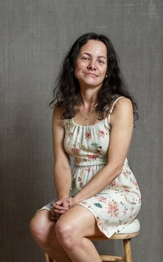 Prompt: full body shot of white woman sitting on a stool, she around 50 years old, she is a mother, she has frizzy dark hair, sad smile, confused eyes, mouth open as if she is about to start talking, she has wrinkles around her mouth and eyes, wearing modern attire, wearing a floral sundress, she is barefoot, she has a reclusive personality, she is nervous, her hands are folded in lap, dreamlike, impressionistic, simple background