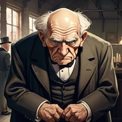 Prompt: A cartoon image of a hunched over very old man who is a butler in the industrial revolution