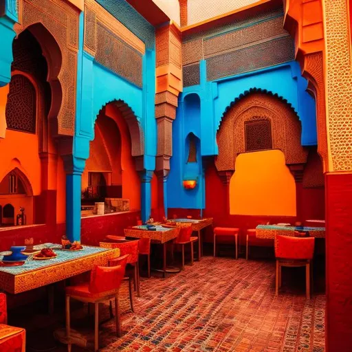 Prompt: a Moroccan restaurant scene with vibrant people and food, using pop colors of red, orange and yellow. Background moody and blue undertone.
