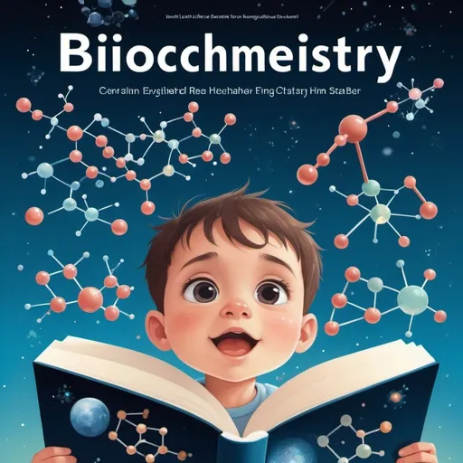 Prompt: detailed illustration of the cover of a biochemistry book, cute animation of a small child in the bottom center of the book looking up at the sky with a picture of molecules flying above him