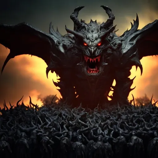 Prompt: demonic being close up, background dark and gloomy with army of smaller demons. bright and dramatic