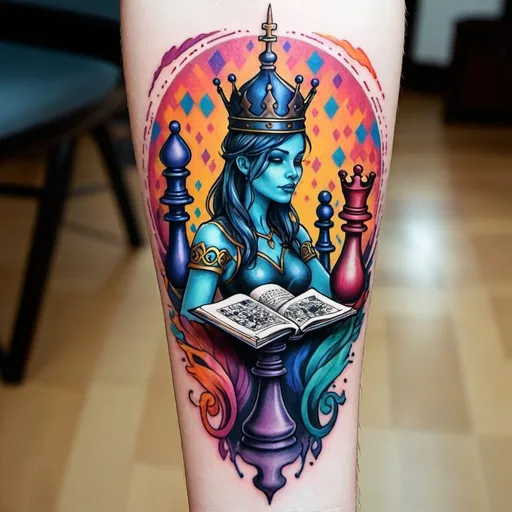 Prompt: A cool colorful tattoo for a person who likes reading fantasy books and playing chess