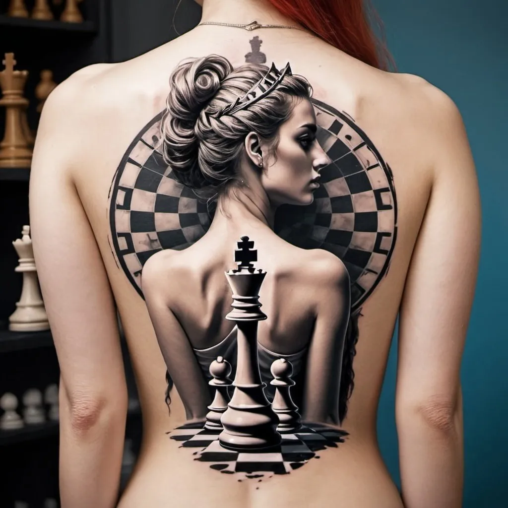 Prompt: A back tattoo for a woman who enjoys chess and Greek Mythology 