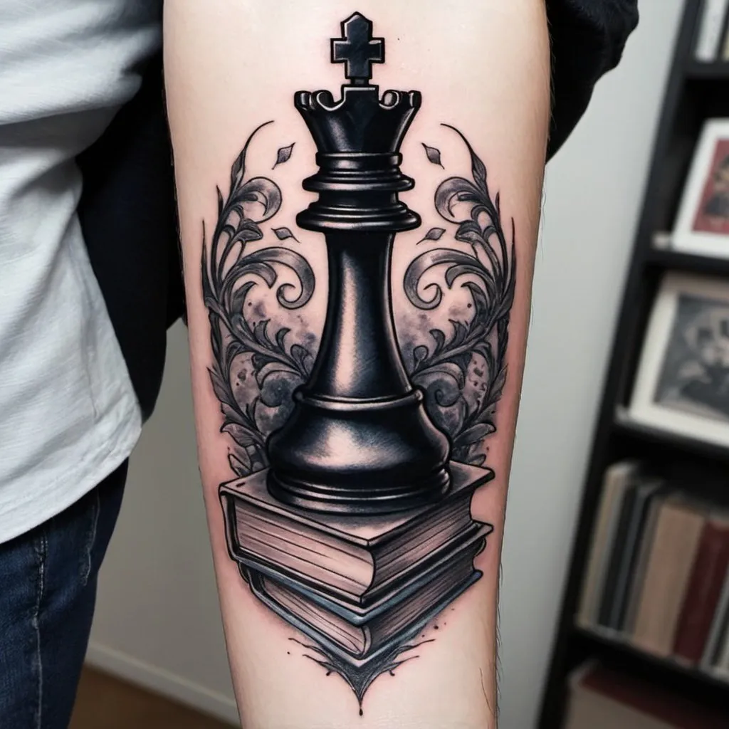 Prompt: A cool tattoo for a person who likes reading fantasy books and playing chess