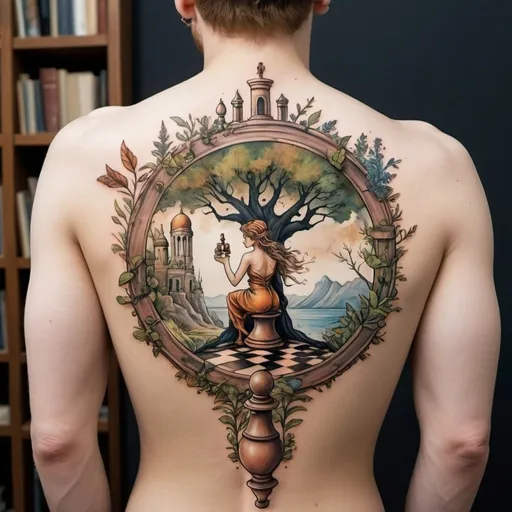 Prompt: A whimsical back tattoo with earthy coloring that incorporates elements of nature, greek Mythology, chess and books