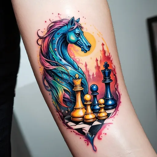 Prompt: A cool colorful tattoo for a person who likes reading fantasy books and playing chess