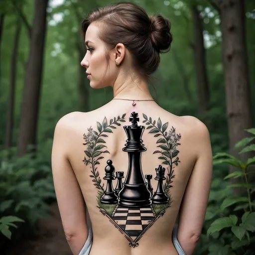 Prompt: A back tattoo for a woman who enjoys nature and chess and reading. 