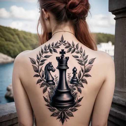 Prompt: A back tattoo for a woman who enjoys nature, chess, and Greek Mythology 