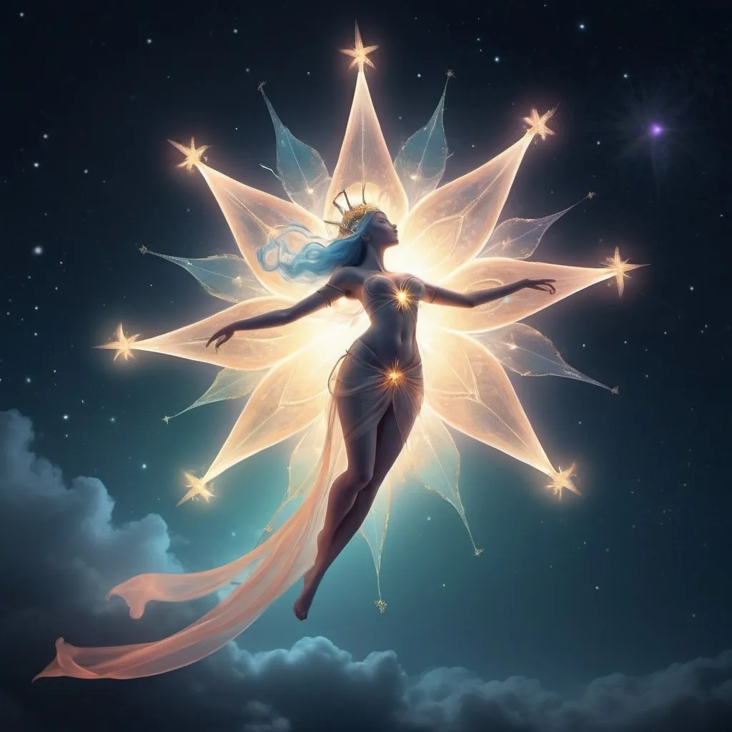 Prompt: Vespero the evening star, digital art, glowing celestial figure, mystical and ethereal, high quality, celestial fantasy, luminous hues, soft and dreamy lighting