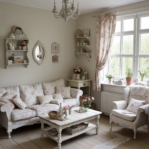 Prompt: small living room in shabby chic
