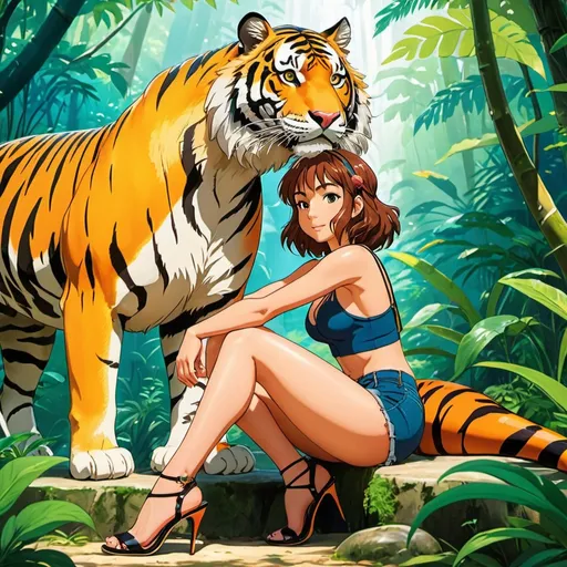 Prompt: 2d studio ghibli anime style, model woman in Strappy Stiletto crouching next to a tiger, tiger resting next to her legs, beautiful jungle,cute pose,outdoor, colorful, happy and cheerful, vibrant, detailed hair and outfit, high quality, anime, colorful, cheerful, detailed character design, professional, atmospheric lighting