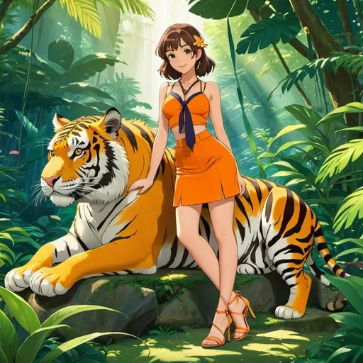 Prompt: 2d studio ghibli anime style, model woman in strappy tie leg heeled sandals standing next to a tiger, tiger resting next to her legs, beautiful jungle,cute pose,outdoor, colorful, happy and cheerful, vibrant, detailed hair and outfit, high quality, anime, colorful, cheerful, detailed character design, professional, atmospheric lighting