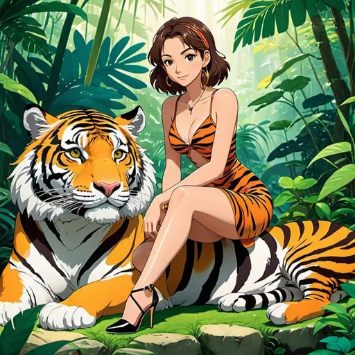 Prompt: 2d studio ghibli anime style, model woman in Strappy Stiletto standing next to a tiger, tiger resting next to her legs, beautiful jungle,cute pose,outdoor, colorful, happy and cheerful, vibrant, detailed hair and outfit, high quality, anime, colorful, cheerful, detailed character design, professional, atmospheric lighting