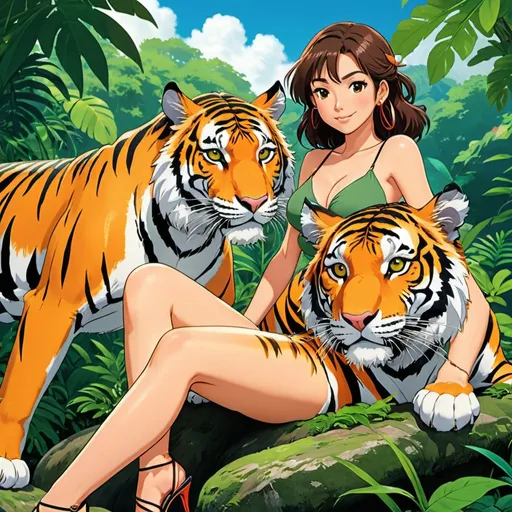 Prompt: 2d studio ghibli anime style, model woman in Strappy Stiletto resting next to a tiger, tigers claws digging into her exposed skin, beautiful jungle,cute pose,outdoor, colorful, happy and cheerful, vibrant, detailed hair and outfit, high quality, anime, colorful, cheerful, detailed character design, professional, atmospheric lighting