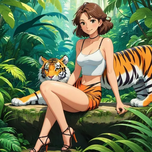 Prompt: 2d studio ghibli anime style, model woman in Strappy Stiletto standing next to a tiger, tiger resting next to her legs, beautiful jungle,cute pose,outdoor, colorful, happy and cheerful, vibrant, detailed hair and outfit, high quality, anime, colorful, cheerful, detailed character design, professional, atmospheric lighting