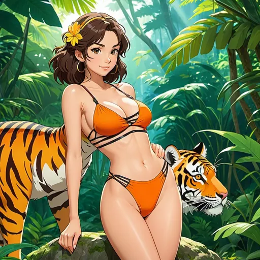Prompt: 2d studio ghibli anime style, model woman in Strappy Stiletto standing next to a tiger, tiger resting next to her legs, beautiful jungle,cute pose,outdoor, colorful, happy and cheerful, vibrant, detailed hair and outfit, high quality, anime, colorful, cheerful, detailed character design, professional, atmospheric lighting