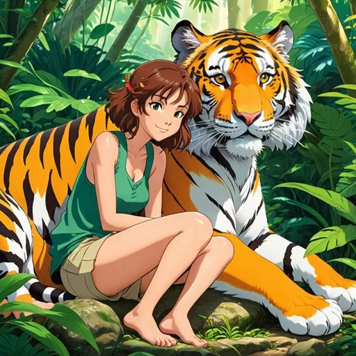 Prompt: 2d studio ghibli anime style, barefoot adventurer woman resting next to a tiger, tigers claws digging into her exposed skin, beautiful jungle,cute pose,outdoor, colorful, happy and cheerful, vibrant, detailed hair and outfit, high quality, anime, colorful, cheerful, detailed character design, professional, atmospheric lighting