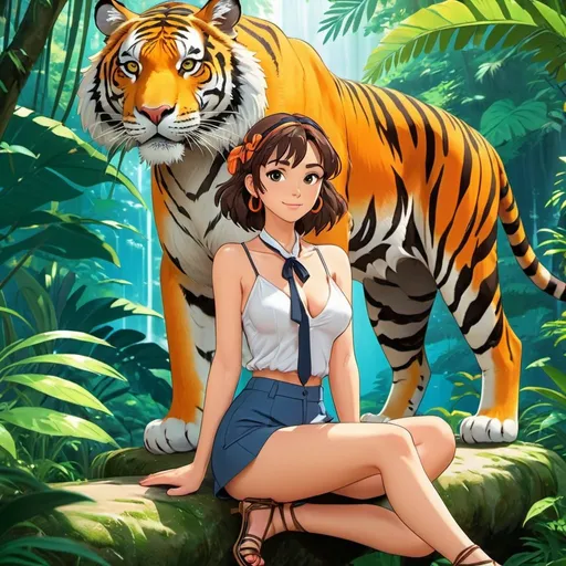 Prompt: 2d studio ghibli anime style, model woman in strappy tie leg heeled sandals standing next to a tiger, tiger resting next to her legs, beautiful jungle,cute pose,outdoor, colorful, happy and cheerful, vibrant, detailed hair and outfit, high quality, anime, colorful, cheerful, detailed character design, professional, atmospheric lighting