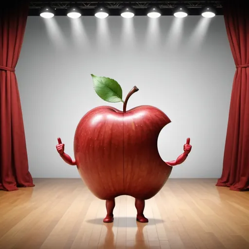 Prompt: create a realistic apple logo with face ,arms and legs walking on the stage
