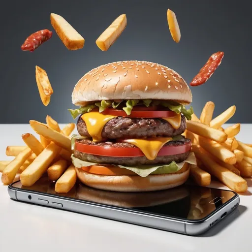 Prompt: burgers and fries spilling out from the screen of a mobile phone, realistic product shot