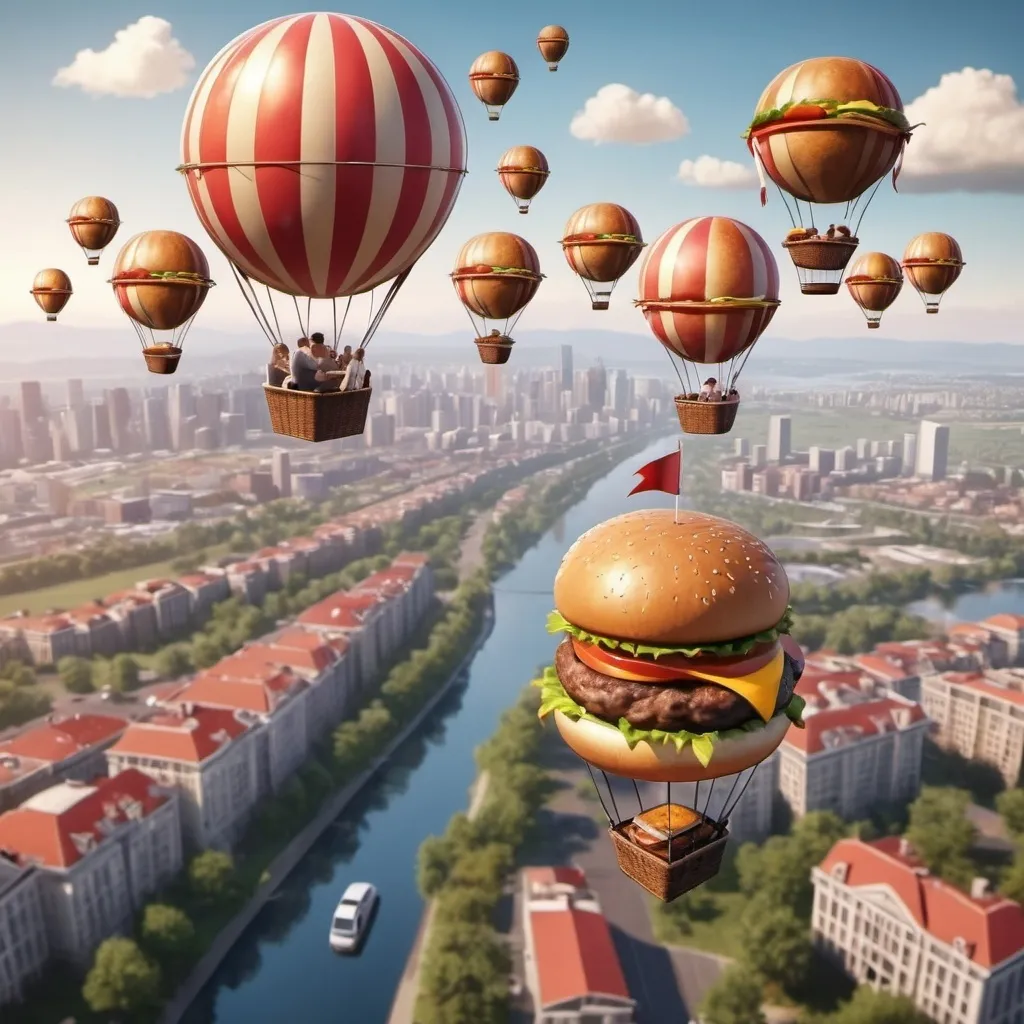 Prompt: burgers on hot air balloons, flying over a scenic view of a city, realistic