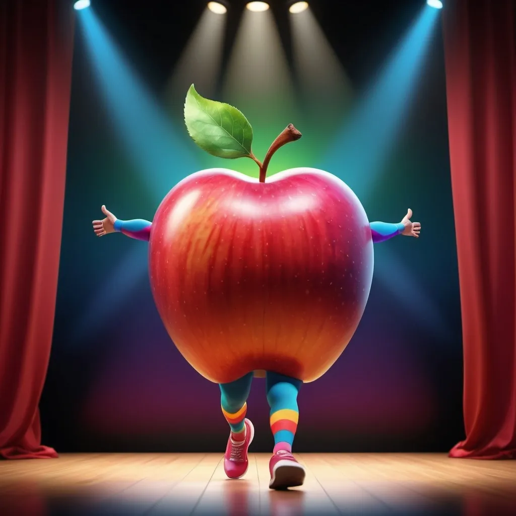 Prompt: create a realistic apple logo with face ,arms and legs walking on the stage
