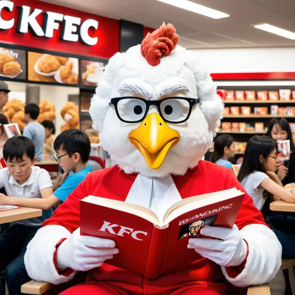 Prompt: a KFC chicken mascot reading a book to people
