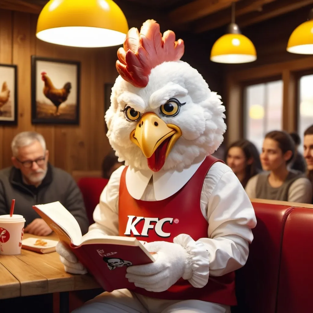 Prompt: a realistic KFC chicken mascot reading a book to people
