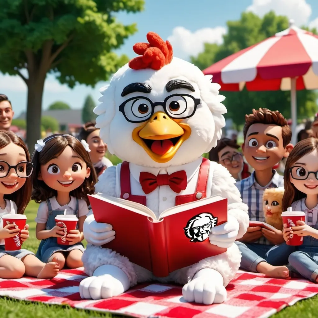 Prompt: a KFC chicken mascot reading a book to people
