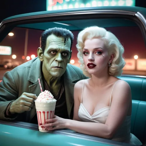 Prompt: 8k, hyper-realistic, Frankenstein drinking a milkshake with mARILYN mONROEr, at drive in movie theater, ethereal atmosphere, soft focus WITH HEARTS FLOATING AROUND