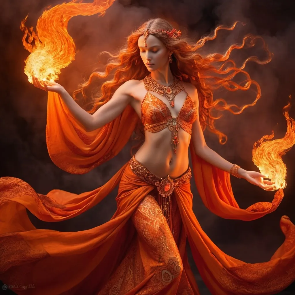 Prompt: Graceful and beautiful (goddess of fire), ethereal figure enveloped in flames, radiant glow, intricate fiery patterns, strong yet elegant posture, warm tones of orange and red illuminating her surroundings, mystical ambiance, flowing garments that mimic flames, detailed background of a fiery sky, (ultra-detailed), captivating expression of strength and serenity, harmonious balance of light and shadow.