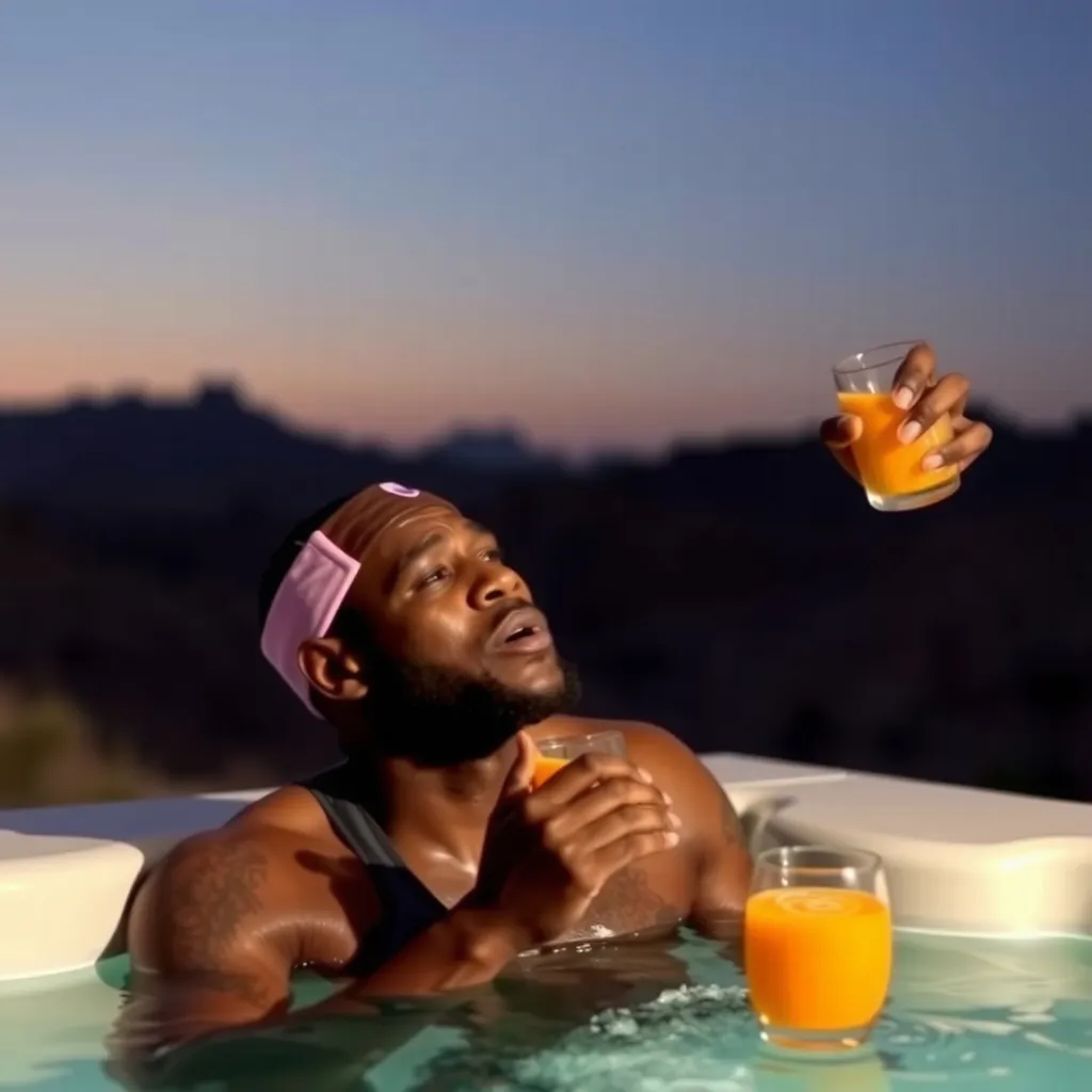 Prompt: lebron james in jacuzzi in the desert drinking orange juice that is crying 