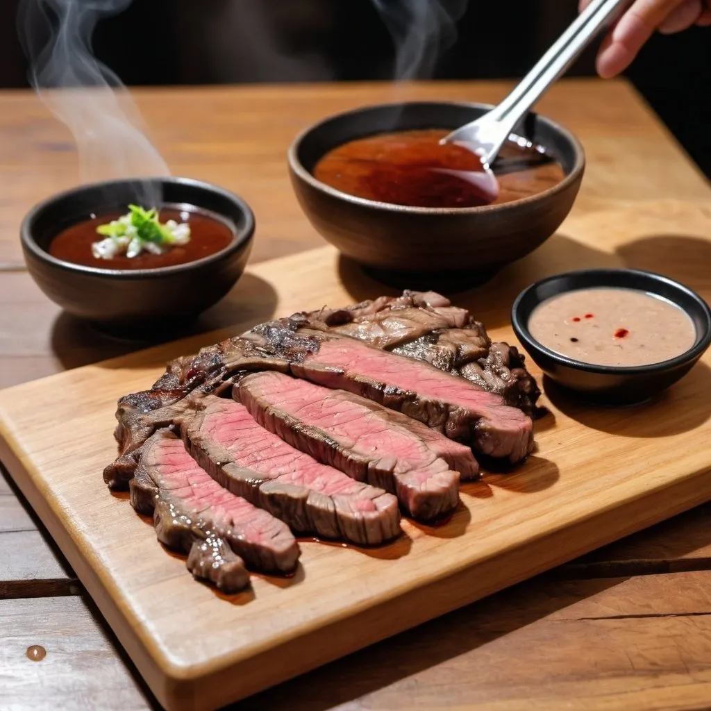 Prompt: Crying Tiger Grilled Beef It is placed on a cutting board and a wooden table. On the side there was a Jaew dipping sauce, and there was faint smoke floating from the meat.